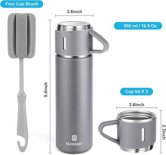 Stainless Steel Thermo 500ml/16.9oz Vacuum Insulated Bottle with Cup for Coffee Hot Drink and Cold Drink Water Flask.(Gray,Set)