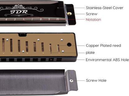 Harmonica C, Blues armonica Key of C 10 Hole 20 Tone with Case Mouth Organ Standard Diatonic for Kids Beginner Adults Professional Player Teacher Parents Students Black New Year Gift