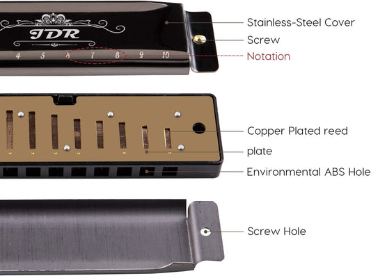 Harmonica C, Blues armonica Key of C 10 Hole 20 Tone with Case Mouth Organ Standard Diatonic for Kids Beginner Adults Professional Player Teacher Parents Students Black New Year Gift - PuriLite
