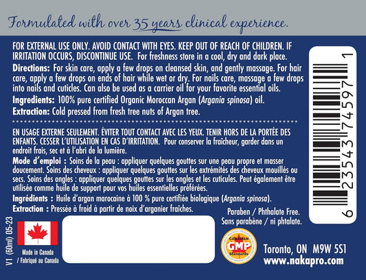 Naka Platinum Pure Moroccan Argan Oil, Certified Organic, Cold Pressed + UV Protected, For Hair Skin and Nails, Made in Canada (50+10ml FREE)