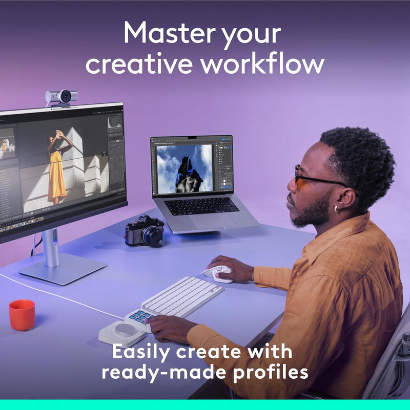 Logitech MX Creative Console - 9 Customizable LCD Keys, Control Dial for Graphic Design, Video Editing, Control Adobe, Zoom, Spotify and more - Pale Grey, With 3-months Adobe Creative Cloud membership