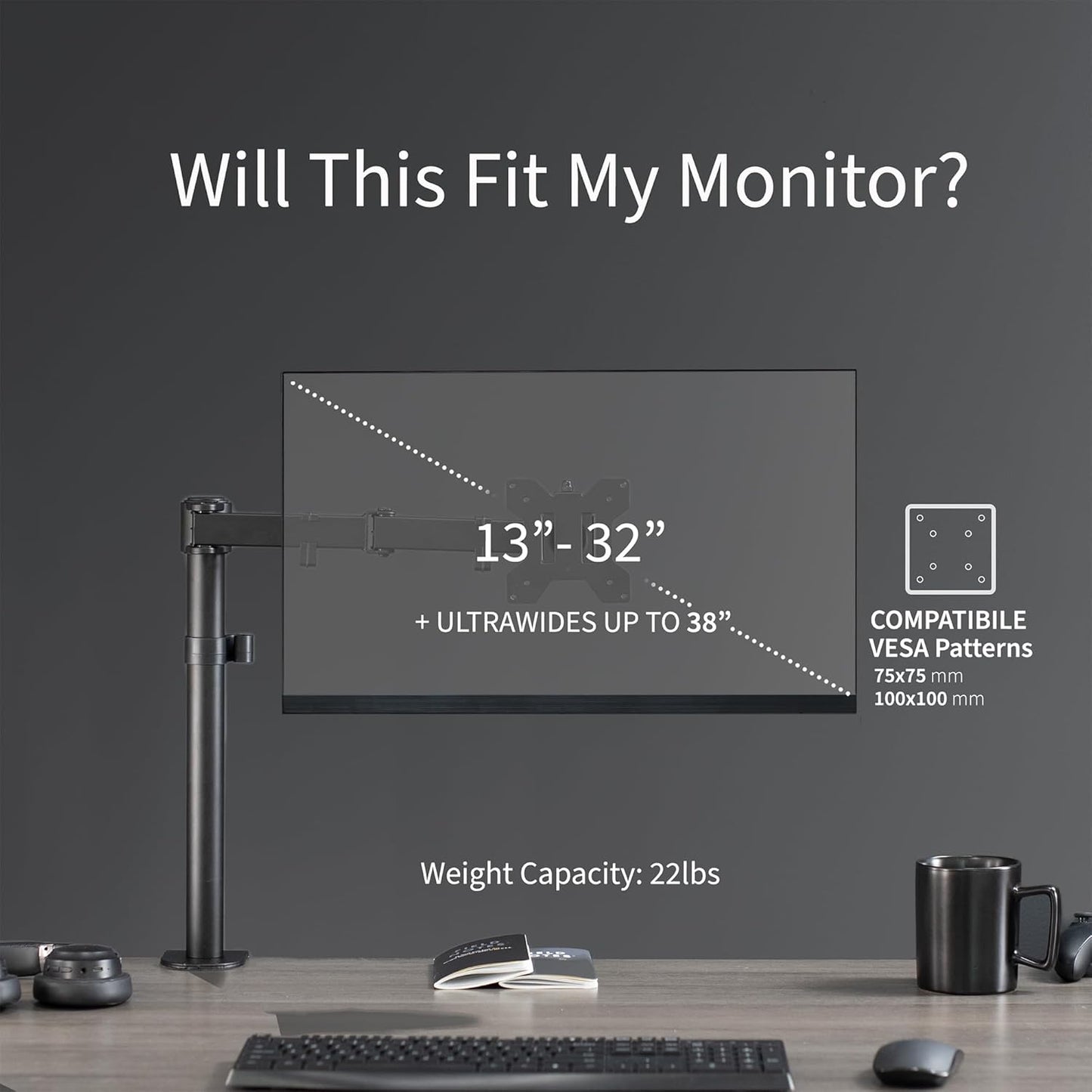 VIVO Single Monitor Arm Desk Mount, Holds Screens up to 32 inch Regular and 38 inch Ultrawide, Fully Adjustable Stand with C-Clamp and Grommet Base, VESA 75x75mm or 100x100mm, Black, STAND-V001