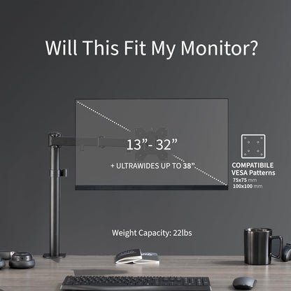 VIVO Single Monitor Arm Desk Mount, Holds Screens up to 32 inch Regular and 38 inch Ultrawide, Fully Adjustable Stand with C-Clamp and Grommet Base, VESA 75x75mm or 100x100mm, Black, STAND-V001