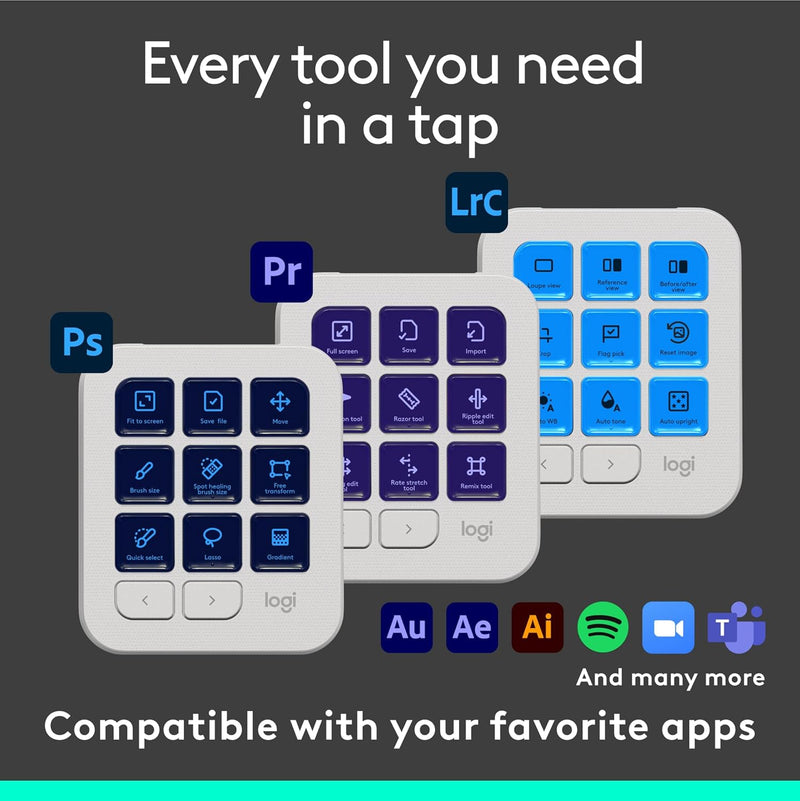 Logitech MX Creative Console - 9 Customizable LCD Keys, Control Dial for Graphic Design, Video Editing, Control Adobe, Zoom, Spotify and more - Pale Grey, With 3-months Adobe Creative Cloud membership