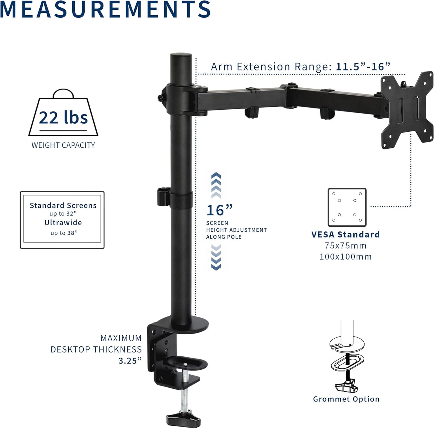 VIVO Single Monitor Arm Desk Mount, Holds Screens up to 32 inch Regular and 38 inch Ultrawide, Fully Adjustable Stand with C-Clamp and Grommet Base, VESA 75x75mm or 100x100mm, Black, STAND-V001