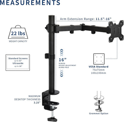 VIVO Single Monitor Arm Desk Mount, Holds Screens up to 32 inch Regular and 38 inch Ultrawide, Fully Adjustable Stand with C-Clamp and Grommet Base, VESA 75x75mm or 100x100mm, Black, STAND-V001