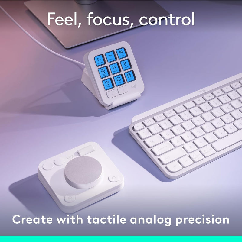 Logitech MX Creative Console - 9 Customizable LCD Keys, Control Dial for Graphic Design, Video Editing, Control Adobe, Zoom, Spotify and more - Pale Grey, With 3-months Adobe Creative Cloud membership
