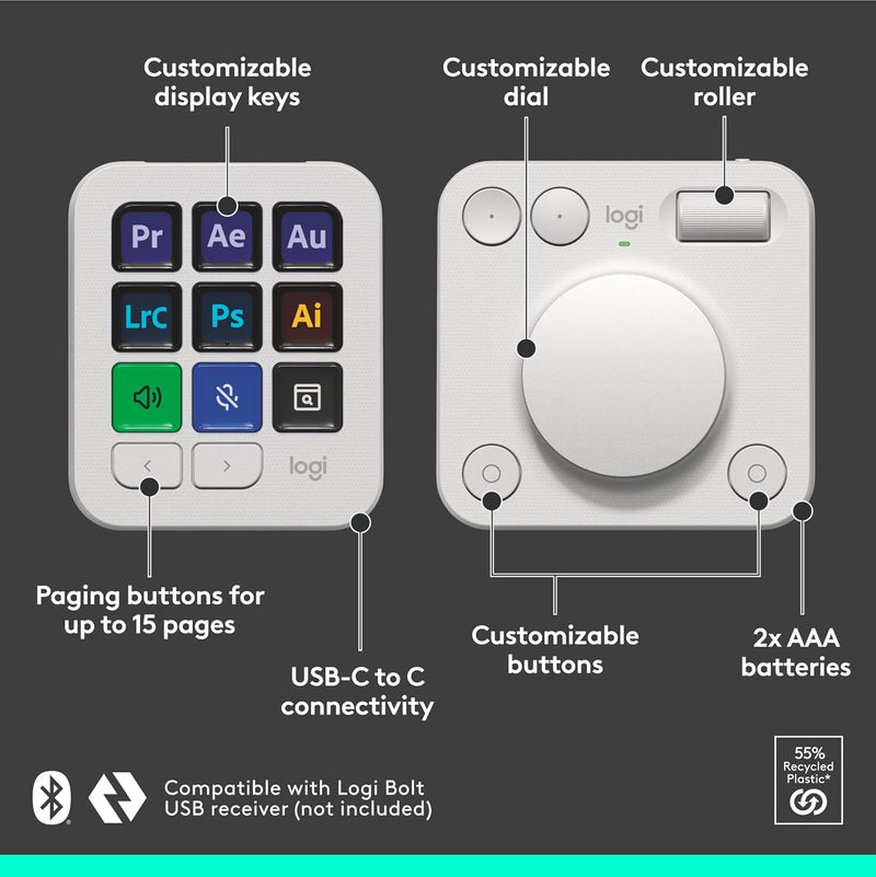 Logitech MX Creative Console - 9 Customizable LCD Keys, Control Dial for Graphic Design, Video Editing, Control Adobe, Zoom, Spotify and more - Pale Grey, With 3-months Adobe Creative Cloud membership