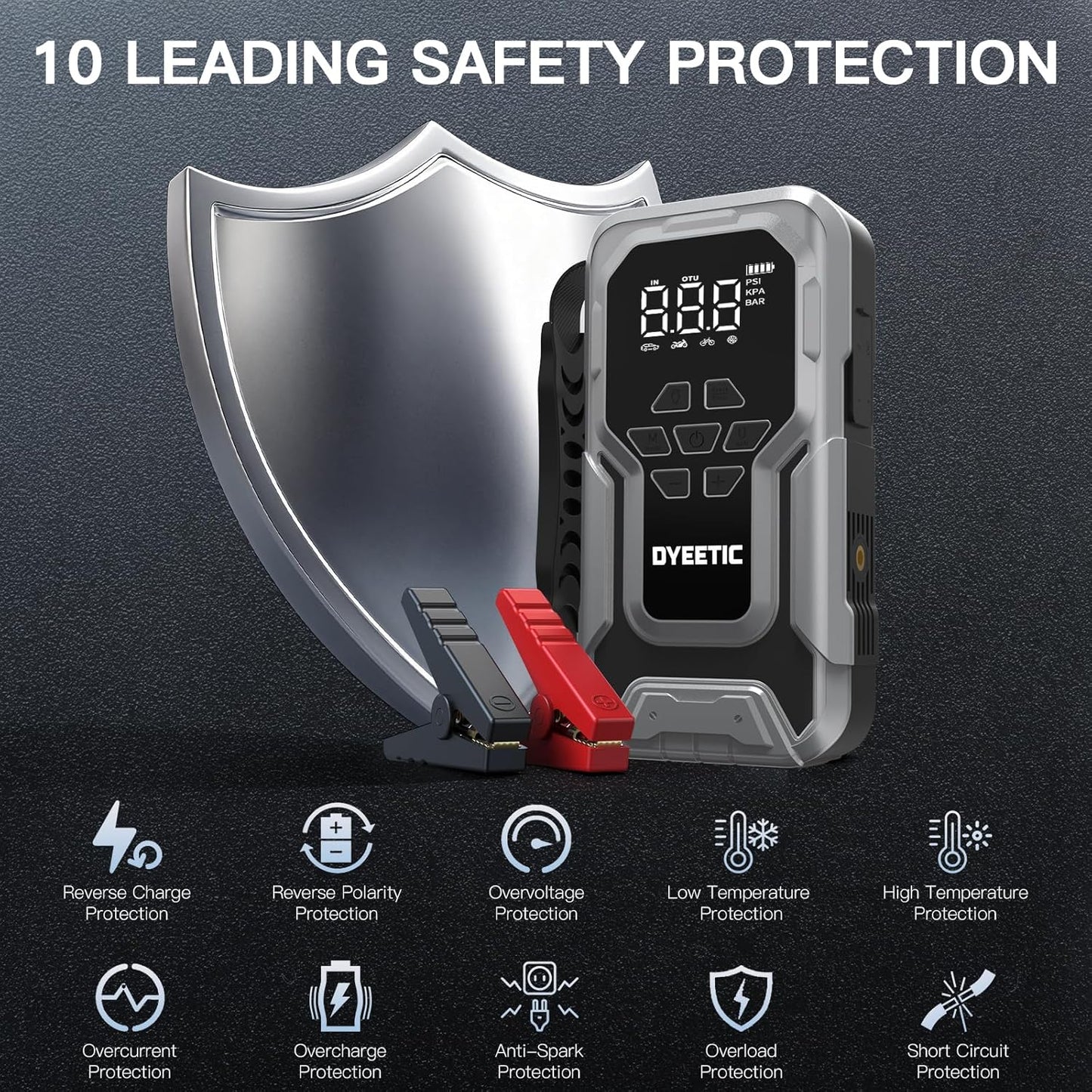 Portable Car Jump Starter with Air Compressor – 6000A 12V Jump Box – 150 PSI Tire Inflator – 21800mAh Power Bank – Digital Display & Smart Jumper Cables