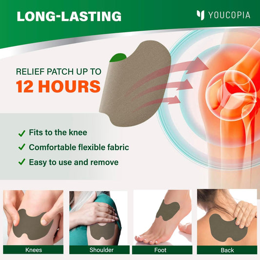 YOUCOPIA Knee Pain Relief Patches: 36 Count Natural Herbal Relieving Paste for Long Lasting Muscle and Joint Relief - Mugwort Arthritis Heat Patches Kit - PuriLite
