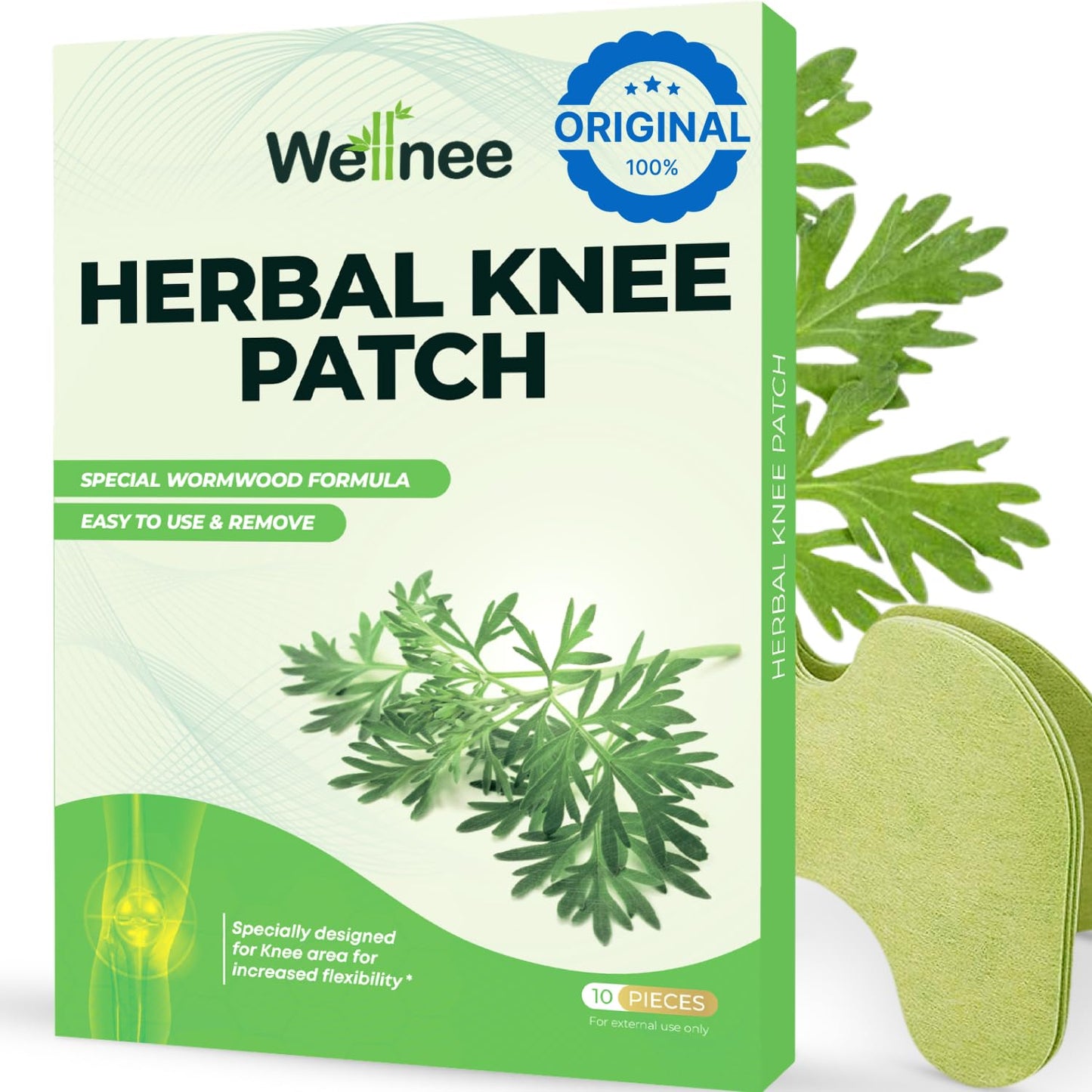 Original Wellnee Herbal Knee Patch - Wellknee Plaster for Knee su, Back Pain, Lower Back Pain, Neck Pain, Shoulders Pain, Muscle Pain - Adhesive Heat Patches Made with Natural Herbs (10 Pads)
