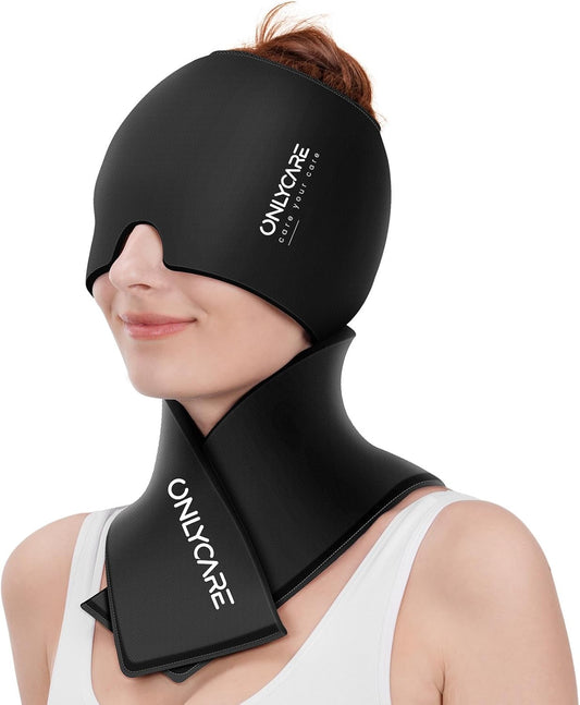 ONLYCARE Migraine Relief Cap and Neck Ice Pack Wrap Gel Set, Upgrade Soothing Headache Relief Cap and Shoulder Cold Pack, Hot and Cold Compress, Relief of Pain, Swelling, Office Pressure (Black)