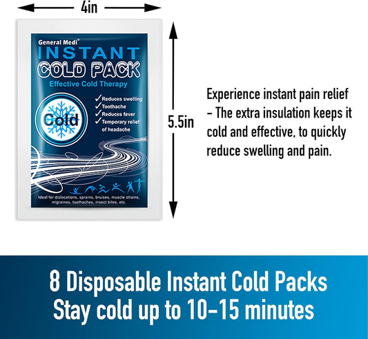 General Medi Instant Ice Cold Pack (4”x 5.5”) – 8 Packs Disposable Cold Therapy Ice Packs for Pain Relief, Swelling, Inflammation, Sprains, Toothache – for Athletes & Outdoor Activities