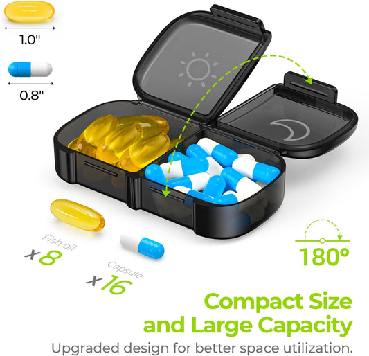 AUVON XL Weekly Pill Organizer 2 Times a Day, Pill Box 7 Day with One-side Large Opening Design for Easy Filling, Black Privacy Protection AM PM Pill Case for Medication/Vitamins/Fish Oils/Supplements - PuriLite