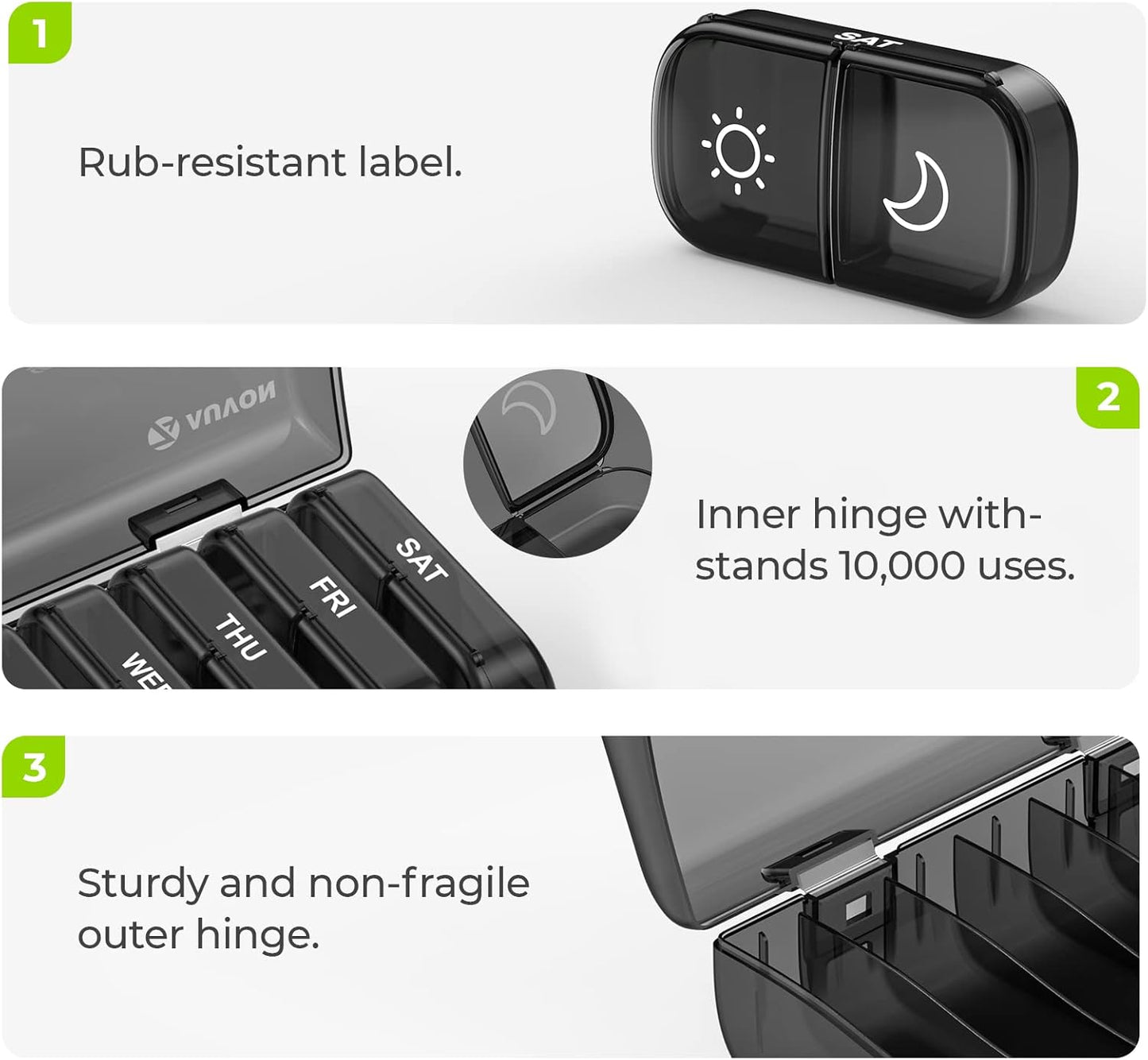 AUVON XL Weekly Pill Organizer 2 Times a Day, Pill Box 7 Day with One-side Large Opening Design for Easy Filling, Black Privacy Protection AM PM Pill Case for Medication/Vitamins/Fish Oils/Supplements