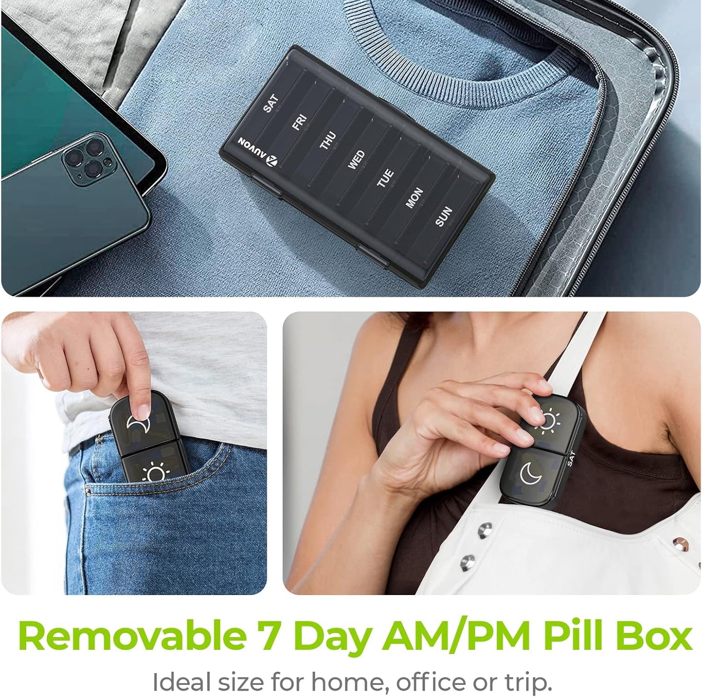 AUVON XL Weekly Pill Organizer 2 Times a Day, Pill Box 7 Day with One-side Large Opening Design for Easy Filling, Black Privacy Protection AM PM Pill Case for Medication/Vitamins/Fish Oils/Supplements