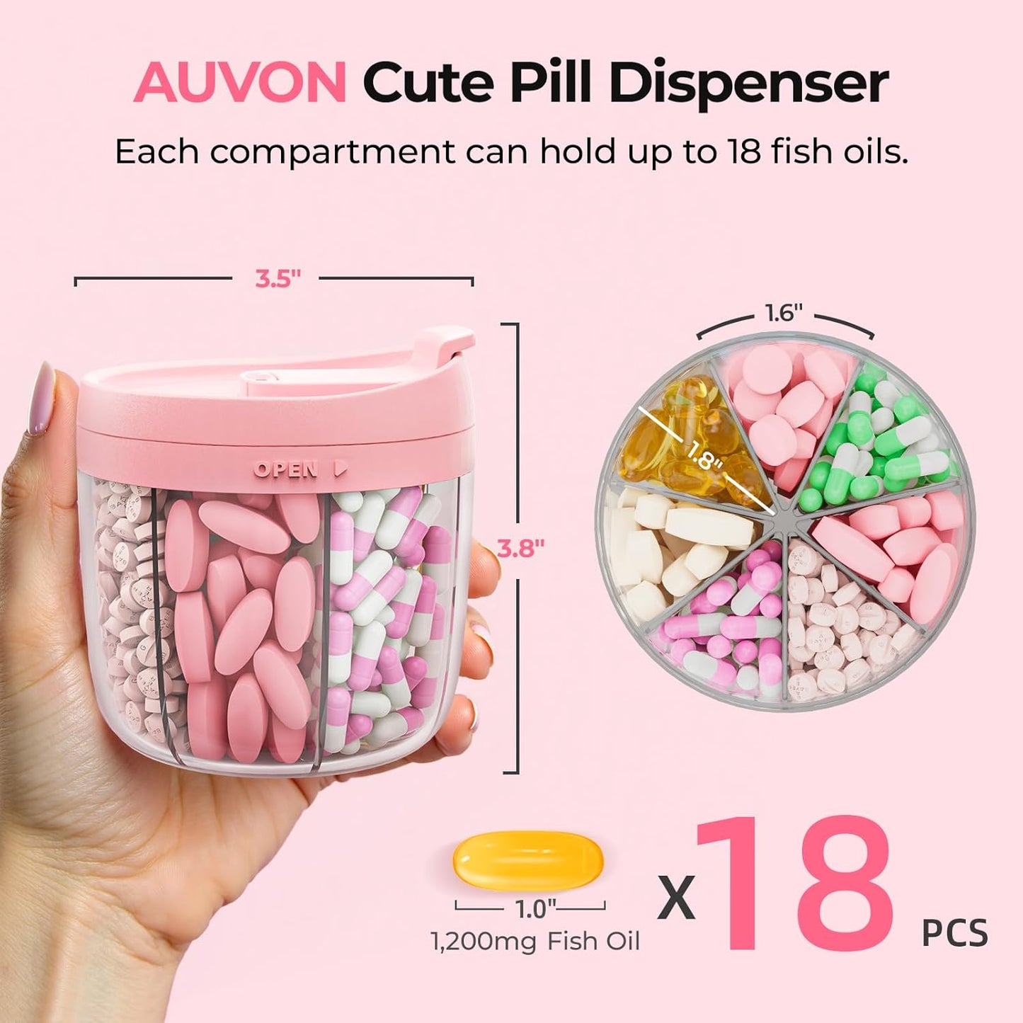 AUVON Cute Pill Organizer with 7 Large Compartments, Portable Pill Box 7 Day with Wide Opening for Easy Use, Travel Pill Container for Medications, Vitamins, Fish Oils, Supplements