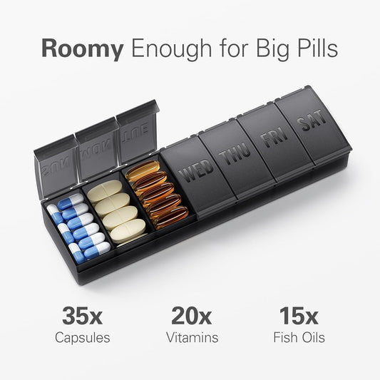 Barhon Pill Organizer Large, Weekly Pills Organizer Pill Box, Medicine Pill Organizers Travel, 7 Day Pill Case for Big Vitamin Supplements Fish Oil, Black - PuriLite