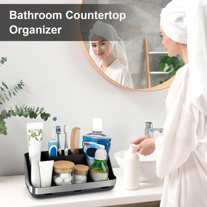 Black 7-Slot Bathroom Toothbrush Holder with Drainage and Ventilation, 2-Tier Countertop Organizer for Electric Toothbrush and Toothpaste - PuriLite