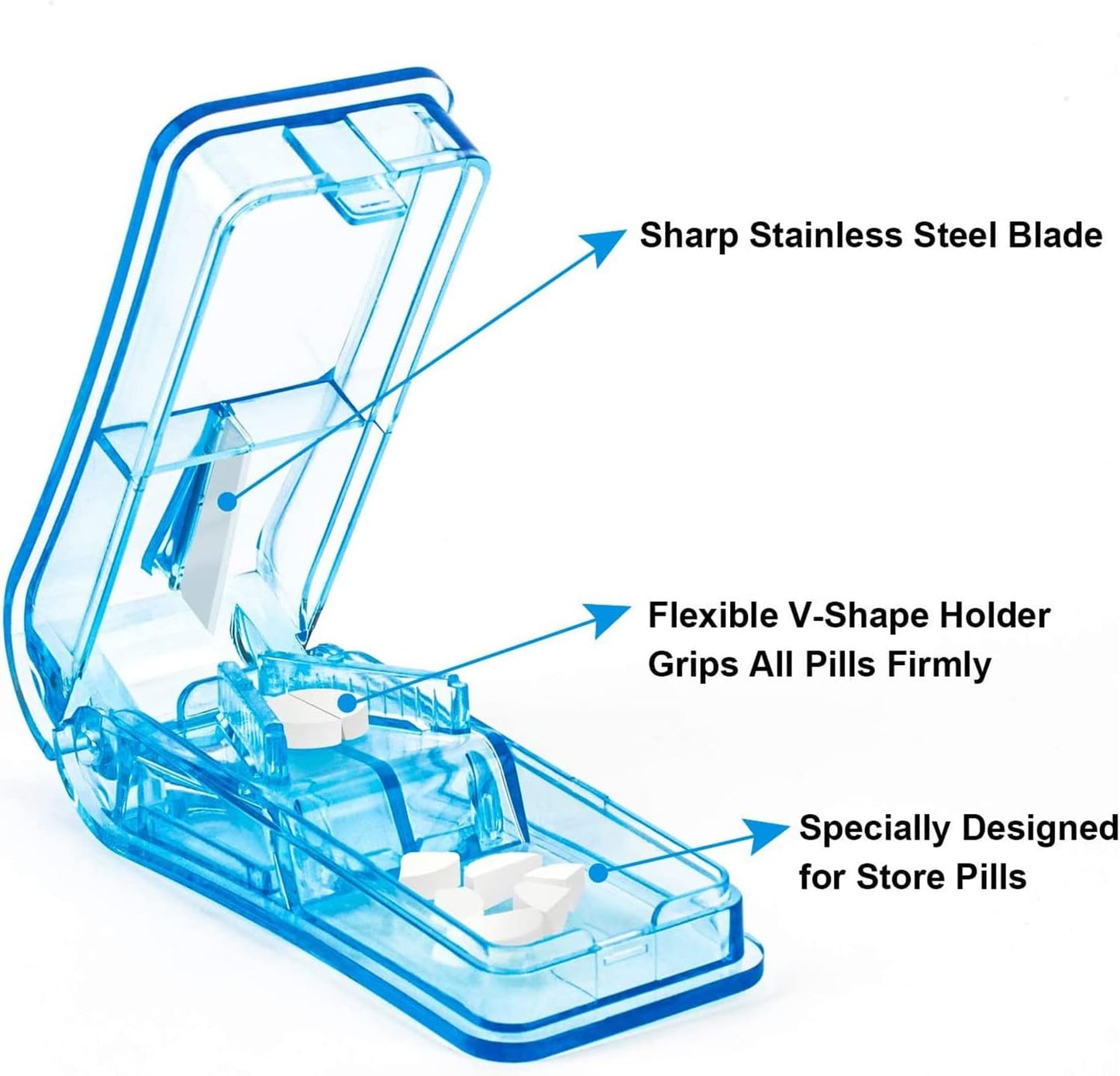 Qeedee Pill Slicer 2 Pack, Pill Cutter for Small or Large Pills, Tablet Splitter Portable Pill Splitter for Vitamins or Pills Cutting, Blue and Black