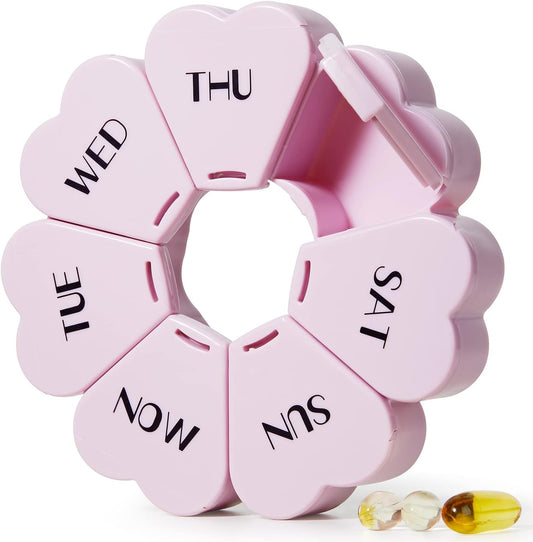 MOLN HYMY Cute Weekly Pill Organizer 7 Day, Large Vitamin Case Once Daily, Floral Pill Container for Fish Oil/Medication/Supplements (Purple Pink)