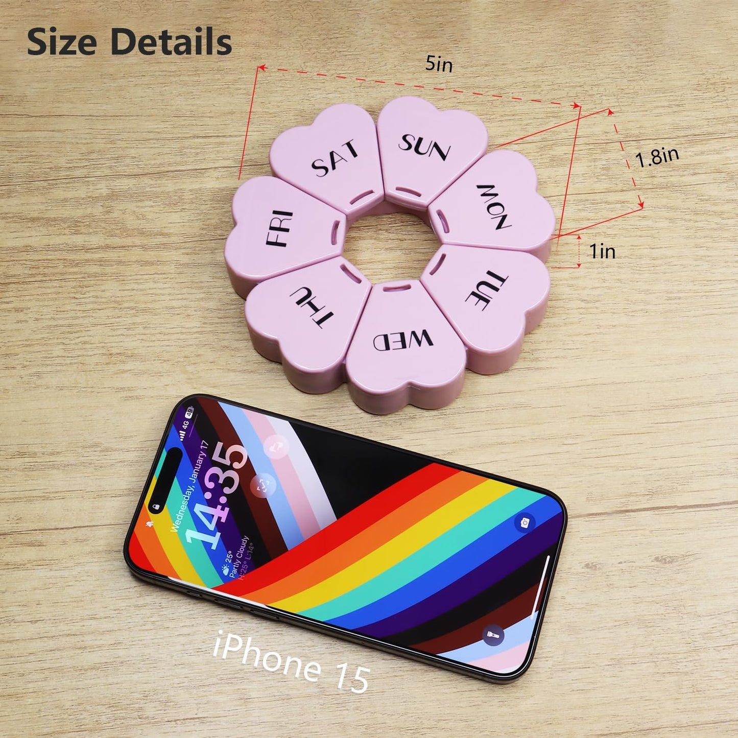 MOLN HYMY Cute Weekly Pill Organizer 7 Day, Large Vitamin Case Once Daily, Floral Pill Container for Fish Oil/Medication/Supplements (Purple Pink)