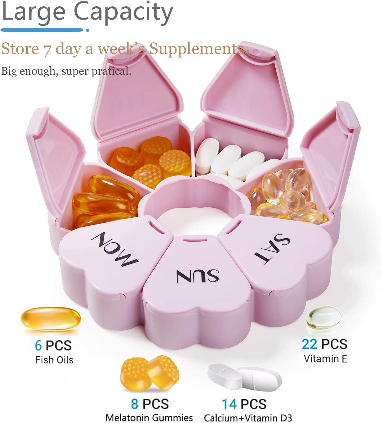 MOLN HYMY Cute Weekly Pill Organizer 7 Day, Large Vitamin Case Once Daily, Floral Pill Container for Fish Oil/Medication/Supplements (Purple Pink)