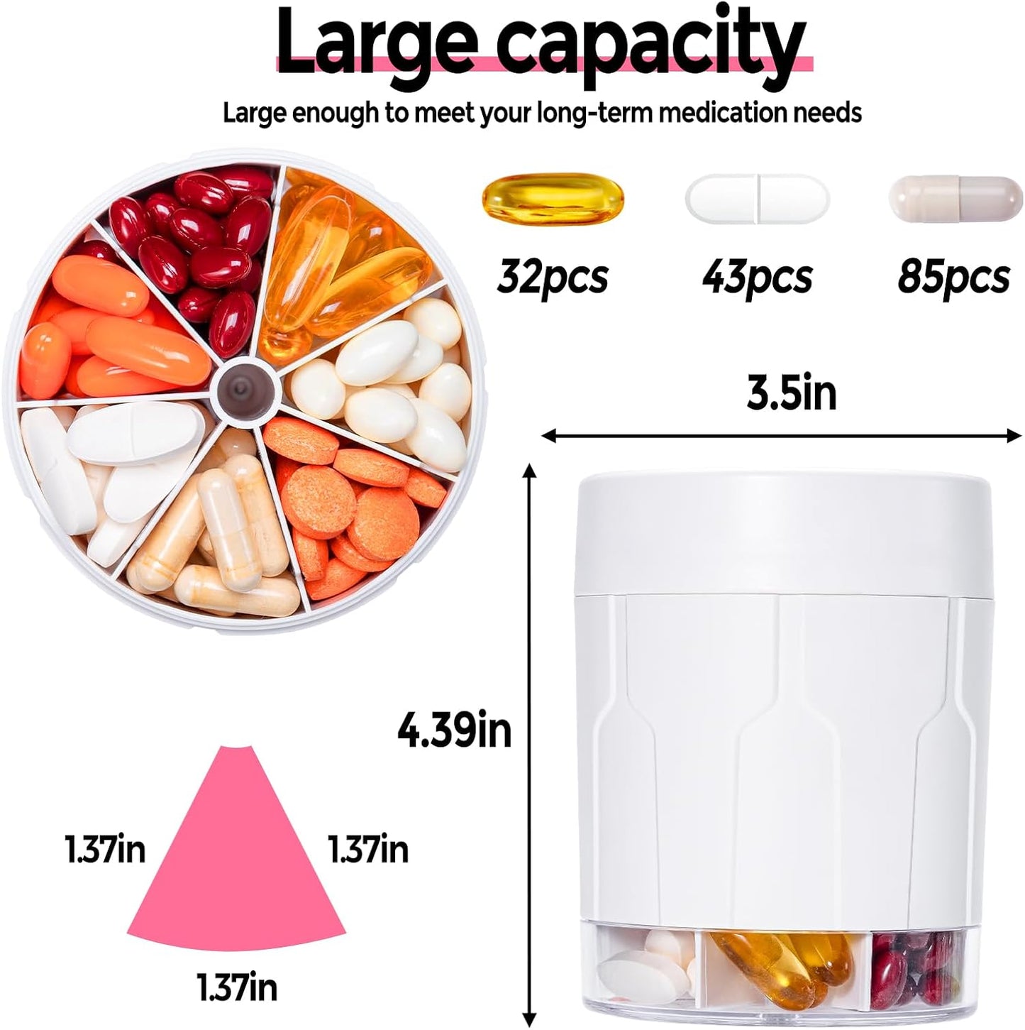 Extra Large Supplement Organizer, Betife Moisture-Proof Jumbo Pill Dispenser with 7 Large Compartments, Pill Boxes and Organizer to Hold Monthly Vitamin or Medication (White)