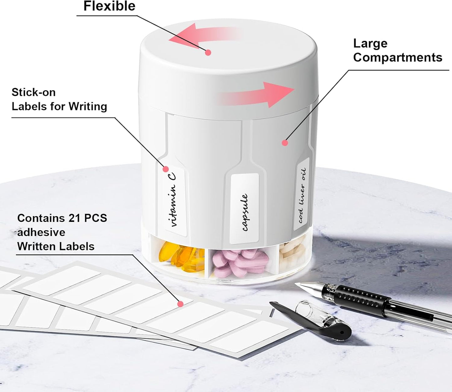 Extra Large Supplement Organizer, Betife Moisture-Proof Jumbo Pill Dispenser with 7 Large Compartments, Pill Boxes and Organizer to Hold Monthly Vitamin or Medication (White)