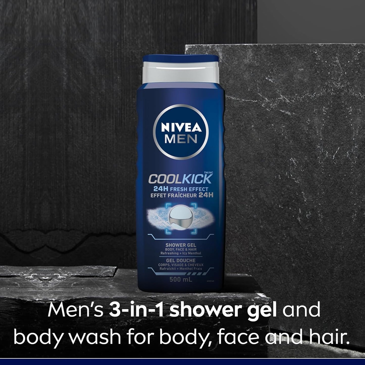 NIVEA MEN Cool Kick Body Wash | 3-in-1 Men Shower Gel (Body, Face & Hair), 3x500mL