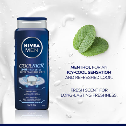 NIVEA MEN Cool Kick Body Wash | 3-in-1 Men Shower Gel (Body, Face & Hair), 3x500mL