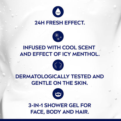 NIVEA MEN Cool Kick Body Wash | 3-in-1 Men Shower Gel (Body, Face & Hair), 3x500mL