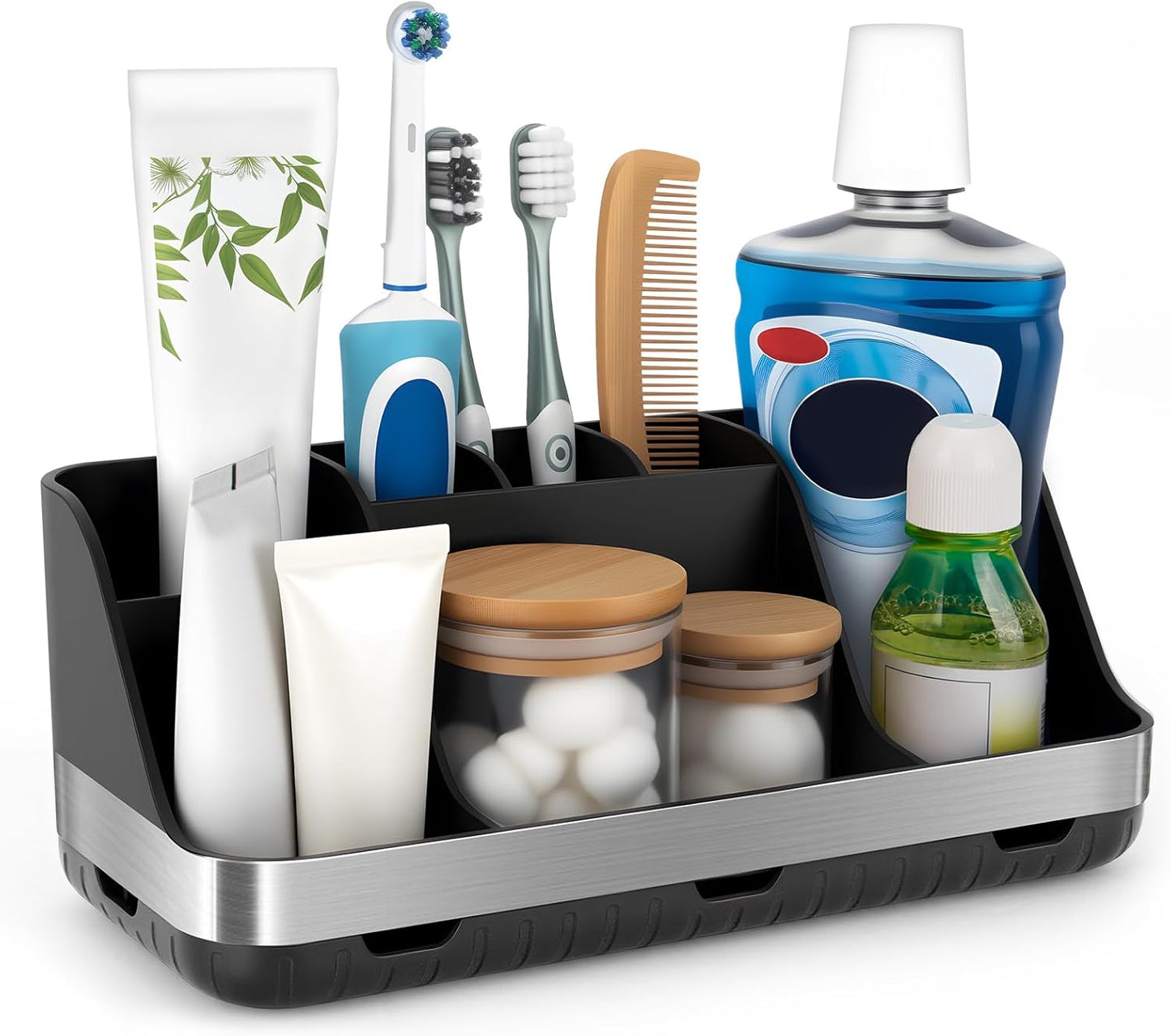 Black 7-Slot Bathroom Toothbrush Holder with Drainage and Ventilation, 2-Tier Countertop Organizer for Electric Toothbrush and Toothpaste - PuriLite