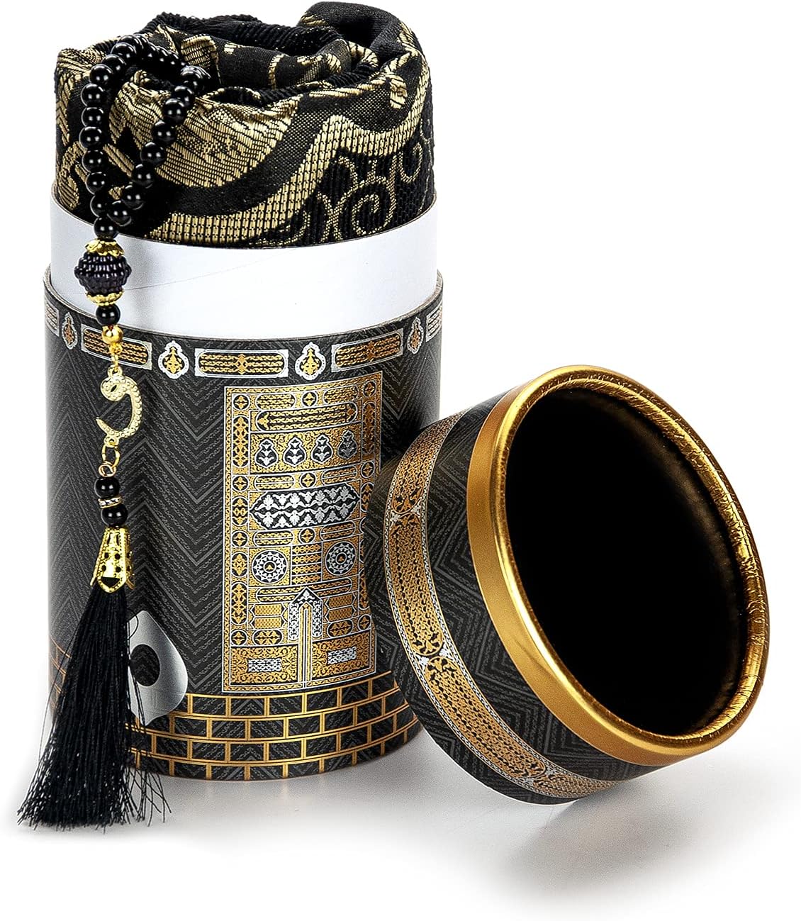 ihvan online Muslim Prayer Rug and Prayer Beads with Elegant Design Cylinder Gift Box, Janamaz, Sajadah, Soft Islamic Gifts Set, Carpet Mat, Taffeta Fabric, Black