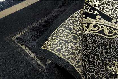 ihvan online Muslim Prayer Rug and Prayer Beads with Elegant Design Cylinder Gift Box, Janamaz, Sajadah, Soft Islamic Gifts Set, Carpet Mat, Taffeta Fabric, Black