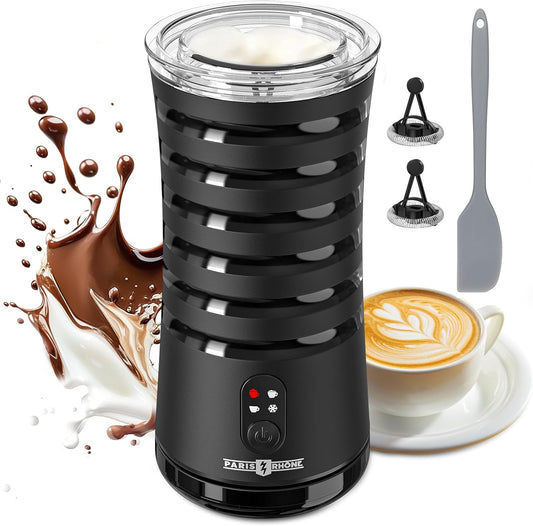 Paris Rhône Milk Frother, 4 in 1, Non-Slip, Hot & Cold Milk Steamer, Auto Shut-Off, Black, Plastic, Electric, Stylish, Eiffel Tower Design