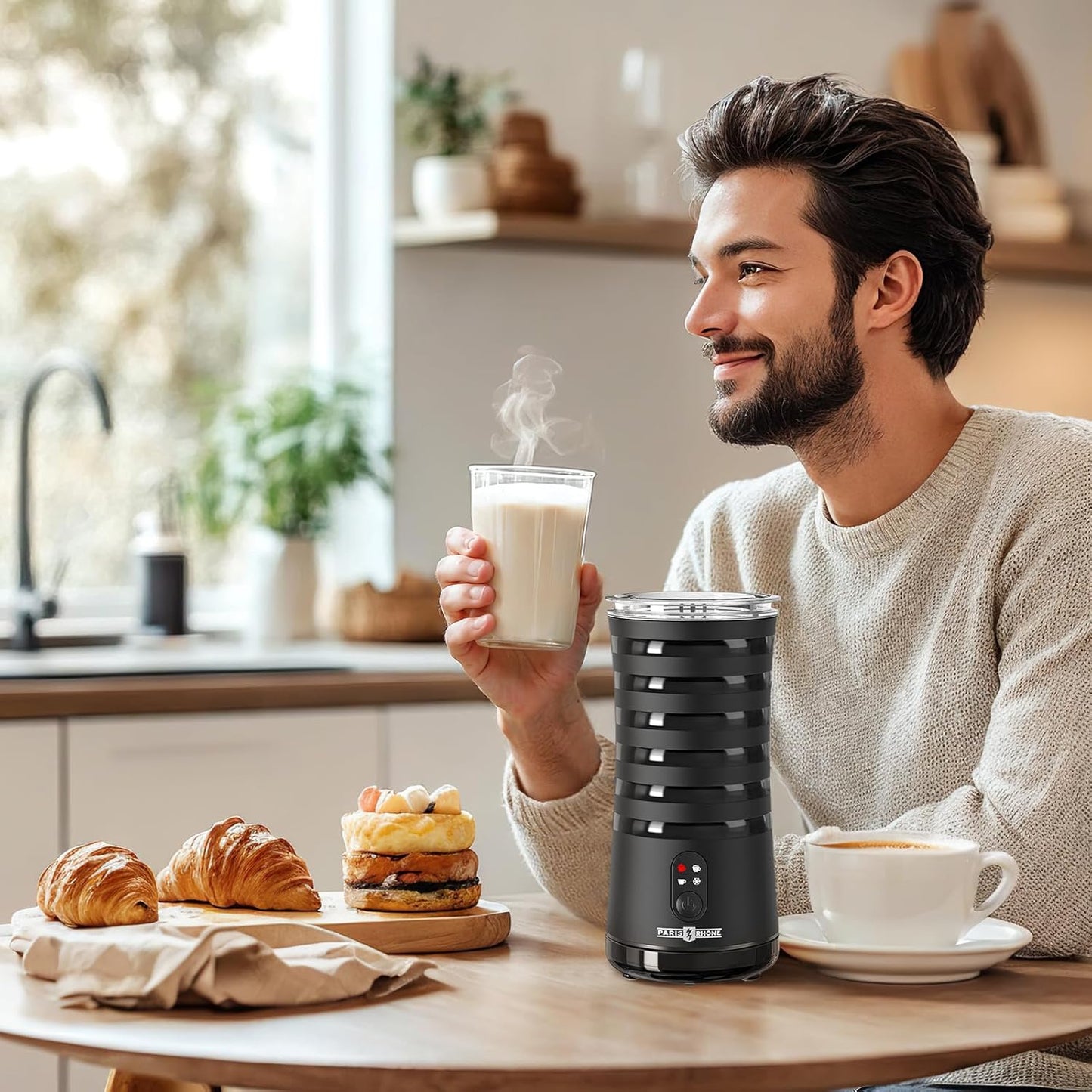 Paris Rhône Milk Frother, 4 in 1, Non-Slip, Hot & Cold Milk Steamer, Auto Shut-Off, Black, Plastic, Electric, Stylish, Eiffel Tower Design