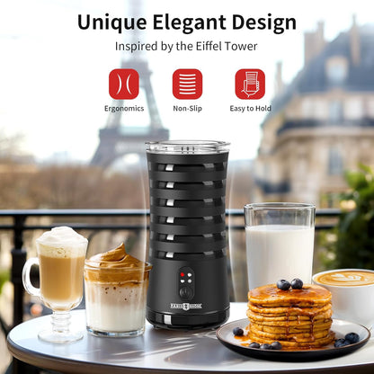 Paris Rhône Milk Frother, 4 in 1, Non-Slip, Hot & Cold Milk Steamer, Auto Shut-Off, Black, Plastic, Electric, Stylish, Eiffel Tower Design