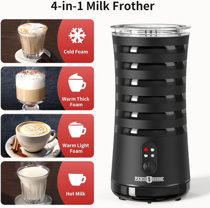 Paris Rhône Milk Frother, 4 in 1, Non-Slip, Hot & Cold Milk Steamer, Auto Shut-Off, Black, Plastic, Electric, Stylish, Eiffel Tower Design
