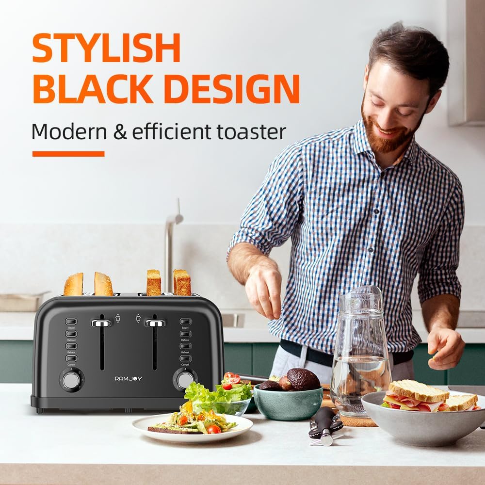 RAMJOY Black Toaster 4 Slice, Dual Independent Controls, Extra Wide Slot Toasters for Bagel, Bread, Waffles, 7 Shade Settings, 4 Main Functions, Removable Crumb Tray, 1500 Watts, Black Stainless Steel