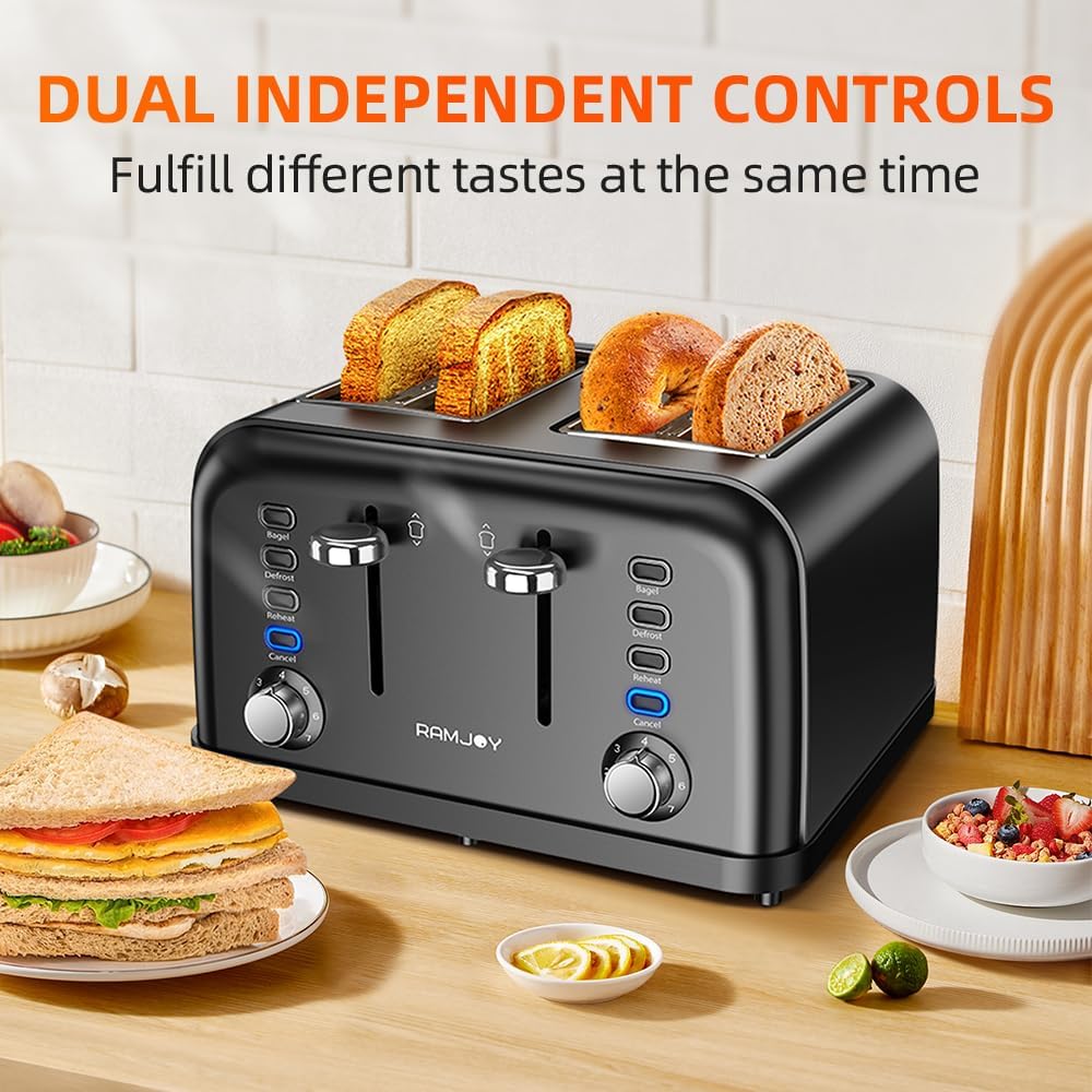 RAMJOY Black Toaster 4 Slice, Dual Independent Controls, Extra Wide Slot Toasters for Bagel, Bread, Waffles, 7 Shade Settings, 4 Main Functions, Removable Crumb Tray, 1500 Watts, Black Stainless Steel
