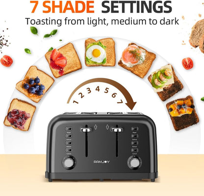 RAMJOY Black Toaster 4 Slice, Dual Independent Controls, Extra Wide Slot Toasters for Bagel, Bread, Waffles, 7 Shade Settings, 4 Main Functions, Removable Crumb Tray, 1500 Watts, Black Stainless Steel