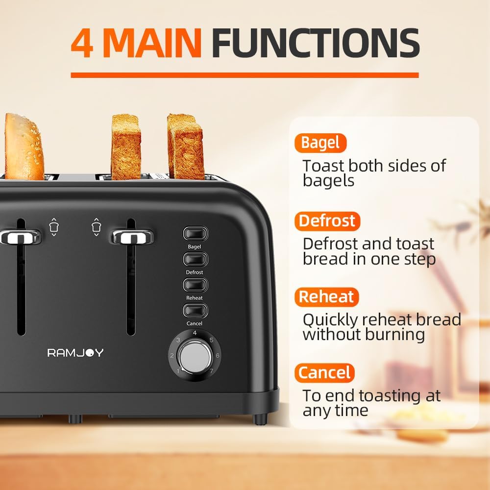 RAMJOY Black Toaster 4 Slice, Dual Independent Controls, Extra Wide Slot Toasters for Bagel, Bread, Waffles, 7 Shade Settings, 4 Main Functions, Removable Crumb Tray, 1500 Watts, Black Stainless Steel