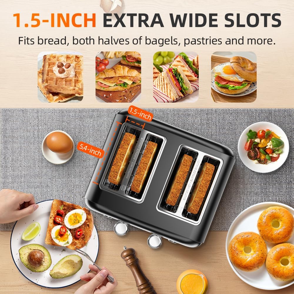 RAMJOY Black Toaster 4 Slice, Dual Independent Controls, Extra Wide Slot Toasters for Bagel, Bread, Waffles, 7 Shade Settings, 4 Main Functions, Removable Crumb Tray, 1500 Watts, Black Stainless Steel