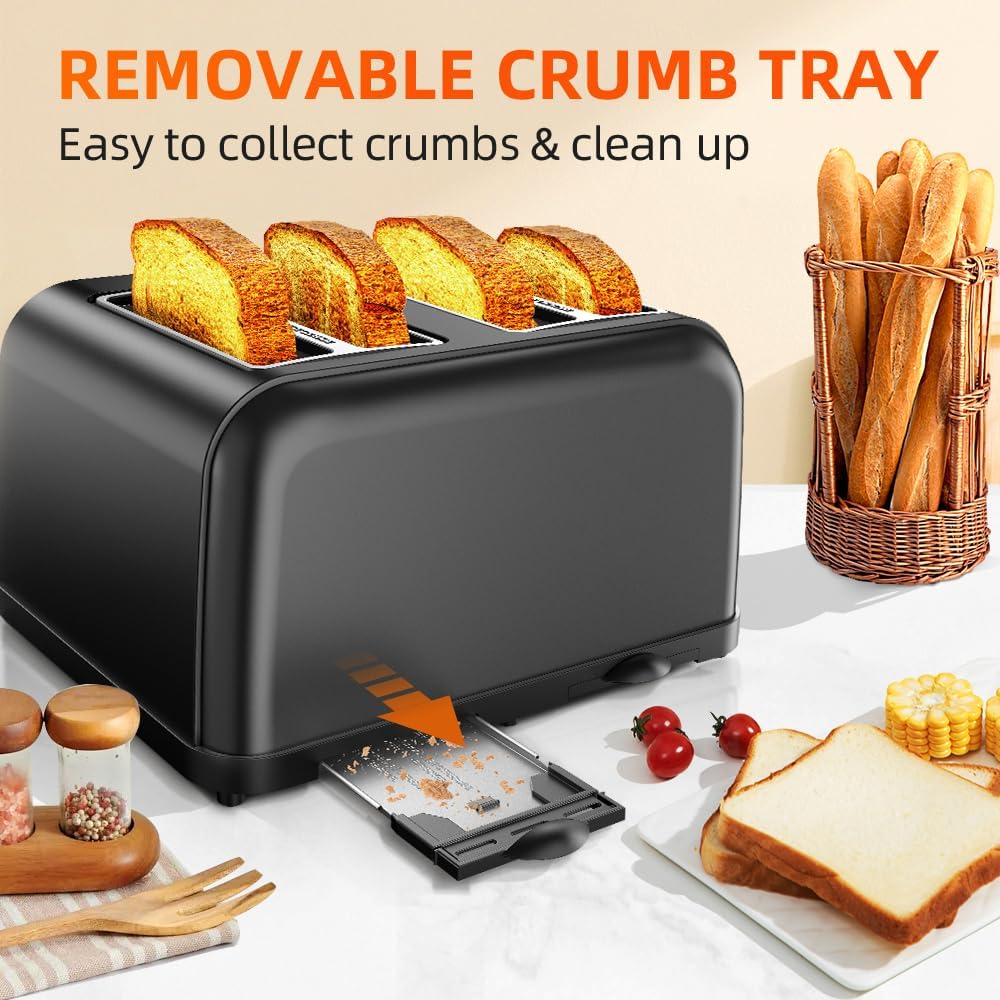 RAMJOY Black Toaster 4 Slice, Dual Independent Controls, Extra Wide Slot Toasters for Bagel, Bread, Waffles, 7 Shade Settings, 4 Main Functions, Removable Crumb Tray, 1500 Watts, Black Stainless Steel
