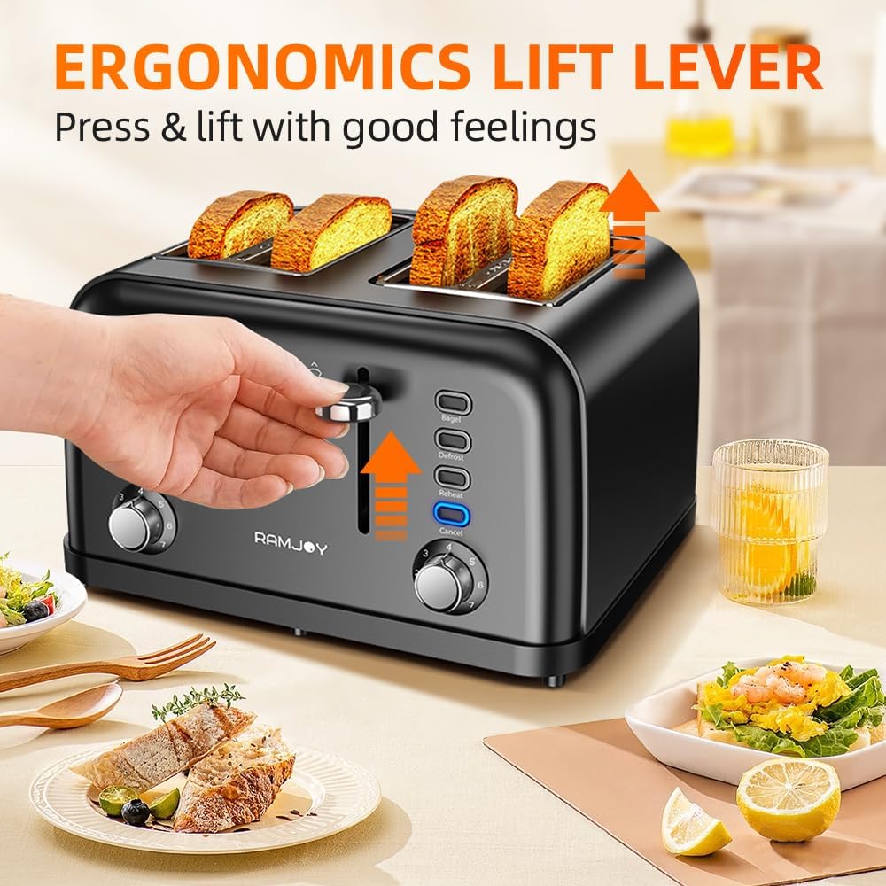 RAMJOY Black Toaster 4 Slice, Dual Independent Controls, Extra Wide Slot Toasters for Bagel, Bread, Waffles, 7 Shade Settings, 4 Main Functions, Removable Crumb Tray, 1500 Watts, Black Stainless Steel