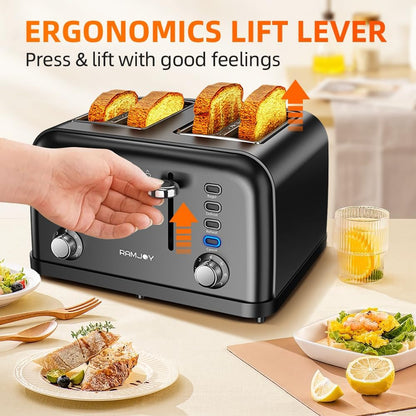 RAMJOY Black Toaster 4 Slice, Dual Independent Controls, Extra Wide Slot Toasters for Bagel, Bread, Waffles, 7 Shade Settings, 4 Main Functions, Removable Crumb Tray, 1500 Watts, Black Stainless Steel