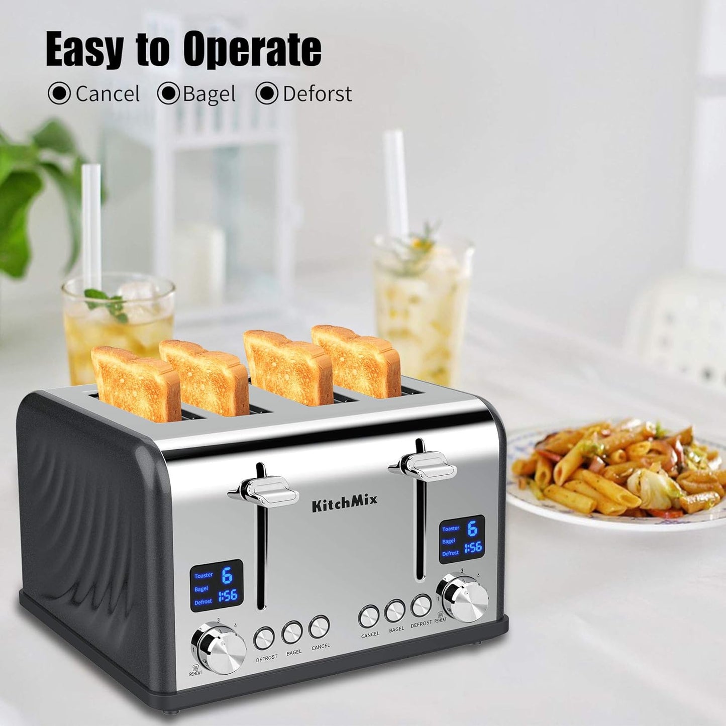 Toaster 4 Slice, Bagel Stainless Toaster with LCD Timer, Extra Wide Slots, Dual Screen, Removal Crumb Tray (Gray)