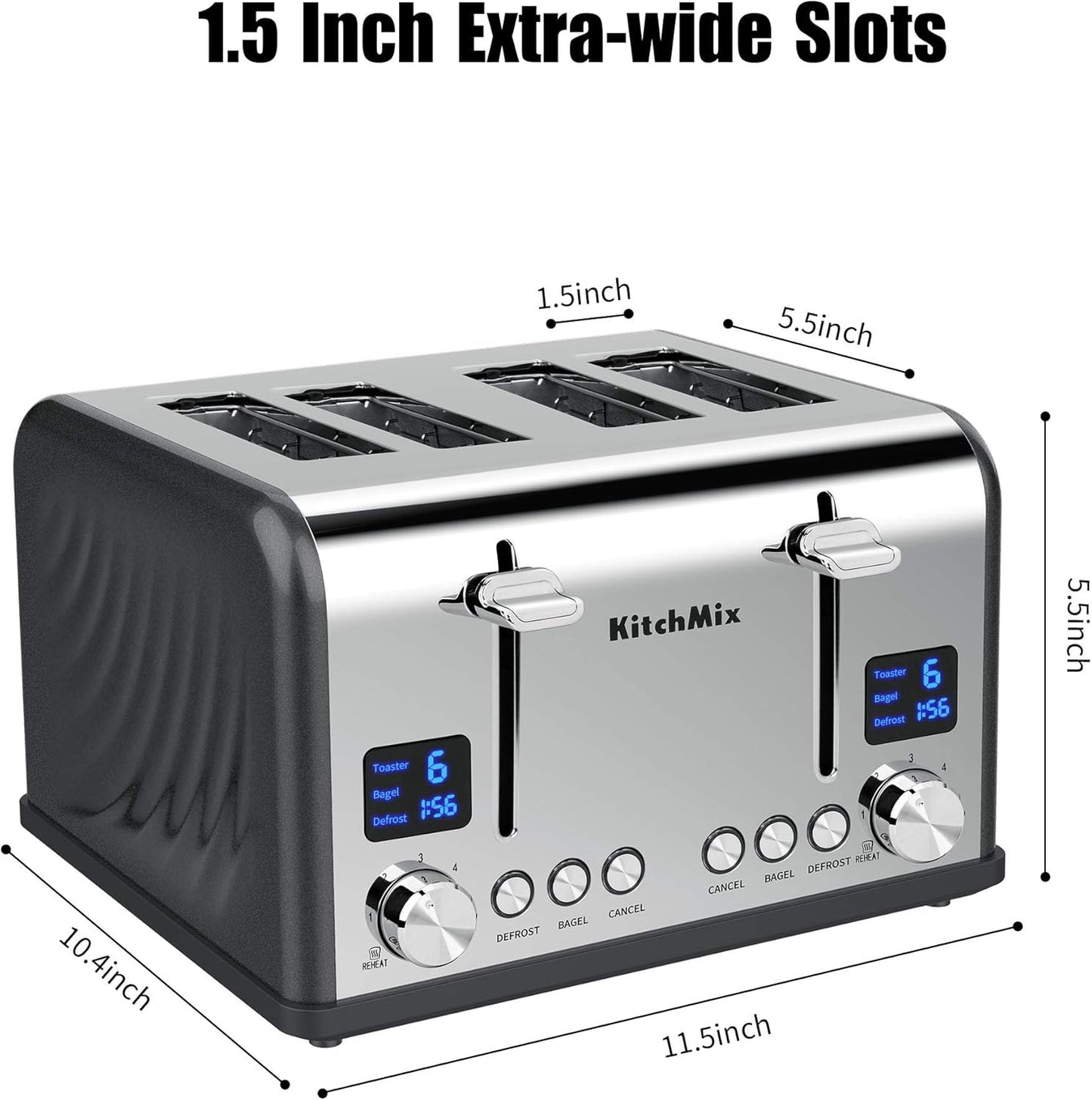 Toaster 4 Slice, Bagel Stainless Toaster with LCD Timer, Extra Wide Slots, Dual Screen, Removal Crumb Tray (Gray)