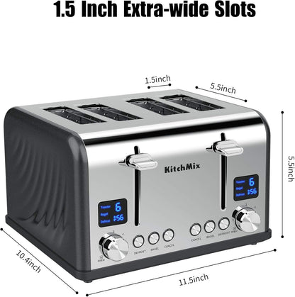 Toaster 4 Slice, Bagel Stainless Toaster with LCD Timer, Extra Wide Slots, Dual Screen, Removal Crumb Tray (Gray)
